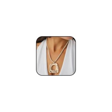 Imagem de Lyfange Colar com pingente quadrado de ouro grosso para mulheres, colar grande e longo com pingente quadrado geométrico, moderno, exclusivo, joia punk hip-hop, Medium, Liga de aço, Sem Pedra Preciosa