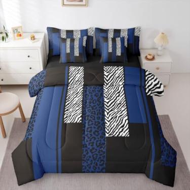 Imagem de Erosebridal Conjunto de edredom Queen com estampa de leopardo, azul e preto, 7 peças, cama geométrica em uma bolsa, zebra, guepardo, pele de animal selvagem, para mulheres, homens e adultos