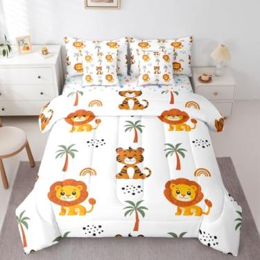 Imagem de Feelyou Jogo de edredom fofo de animais de zoológico, 7 peças, solteiro, safári, leão, tigre, para crianças, meninos, meninas, coqueiro, palmeira, para decoração de quarto, microfibra leve e macia