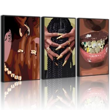 Imagem de Conjunto de 3 peças de arte de parede de retrato abstrato afro, moda moderna, joias e dentes, arte contemporânea, pôster em tela, sala de estar, quarto, escritório, galeria, arte, 30,5 x 40,6 cm, sem