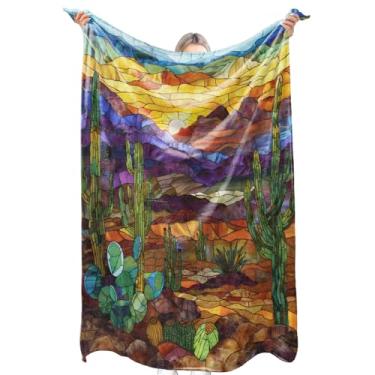 Imagem de zbezbe Manta de flanela de cacto de vidro manchado, sol do deserto, paisagem do sudoeste, cobertores leves e fofos para festa, cadeira, cama, sofá, acampamento, viagem, decoração de casa, presentes