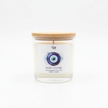 Imagem de Vela Aromática de Cera Vegetal, Avelã e Cereja, 180g, 42 Horas de Queima, com Olho Grego - Produto Artesanal - UMA MAYA