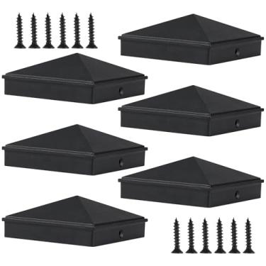 Imagem de 6 peças de tampas de poste de 10 x 10 cm com 12 parafusos, tampas de pirâmide de alumínio, capas de poste foscas pretas para postes de madeira de 9 x 9 cm, serve para cerca, deck, caixa de correio e