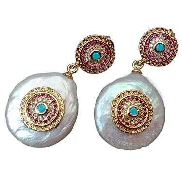 Imagem de Brincos feitos à mão com moeda branca natural, pérola de água doce, cor dourada, zircônia cúbica, pavê mirco