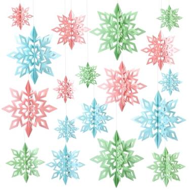 Imagem de Kosiz 18 peças de decorações de floco de neve para pendurar em pastel de Natal 3D grande floco de neve de inverno decorações de redemoinhos pendurados azul rosa verde ornamentos Natal inverno feriado