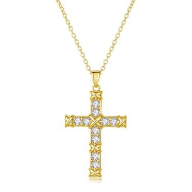 Imagem de Colar de cruz banhado a ouro 14K para mulheres, colar de ouro com pingente de cruz com crucifixo de zircônia cúbica, joia cristã clássica, presente para mulheres, Natal, Páscoa, batismo, confirmação