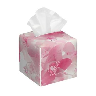 Imagem de Suporte quadrado de couro para caixa de lenços de papel à prova d'água flor rosa moderno organizador de papel facial com cinto inferior cubo estojo de lenços para mesa, banheiro, escritório, mesa