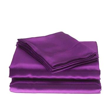 Imagem de Conjunto de lençóis Bedify Bedding 100% seda pura cetim conjunto de 4 peças, lençol de elástico de seda com bolso profundo de 38 cm, conjunto de lençol de seda e fronhas !!! Roxo, Completo