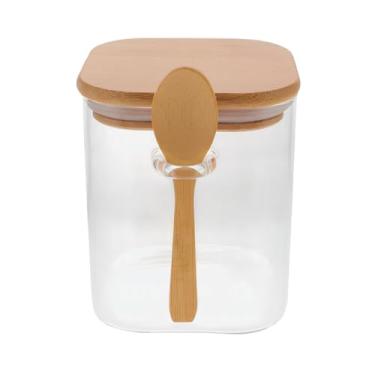 Imagem de Pote de Vidro com Tampa de Bambu, Hermético, Quadrado, 570ml, com Colher Acoplada, para Mantimentos e Condimentos