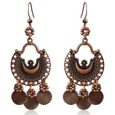 Imagem de unixmoment Brincos femininos boêmios vintage de cobre com franja e franja de flores tribais feitos à mão para lustres tribais, Large, Cobre, Sem pedra preciosa