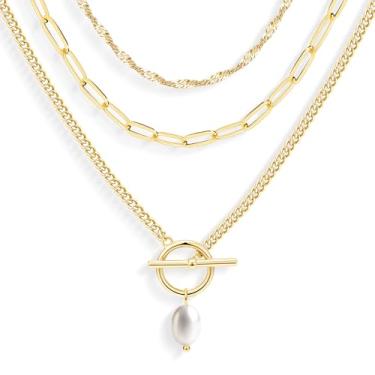 Imagem de Poxtex Colares de ouro em camadas para mulheres delicados banhados a ouro 14 K empilhado moderno círculo diamante pérola pingente gargantilha colar simples conjunto de joias corrente de clipe de papel