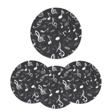 Imagem de Jogo americano redondo trançado de 32 cm, conjunto de 6 tapetes laváveis com estampa de notas musicais pretas, resistentes ao calor, para cozinha, mesa de jantar, festa de casamento, decoração de casa