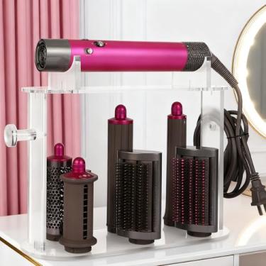 Imagem de Suporte de armazenamento de acrílico compatível com modelador de ar e acessórios, suporte organizador de bancada de 6 furos com cabide, suporte organizador de beleza de banheiro para Shark FlexStyle