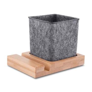 Imagem de Organizador de Mesa 2 em 1: Porta Lápis/Canetas em Feltro e Suporte para Celular – Base de Bambu Ecológico