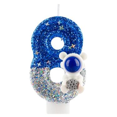 Imagem de Vela de aniversário de 8 anos com glitter astronauta espacial número 8 velas de topo de bolo de prata azul decorações de feliz aniversário para meninas meninos artigos de festa de aniversário