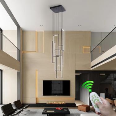 Imagem de Lustre LED moderno com controle remoto, lustre para hall de entrada com pé direito alto, 6 lâmpadas, temperatura de cor ajustável de 3000 a 6500K, lustre grande, luminária pendente para esca
