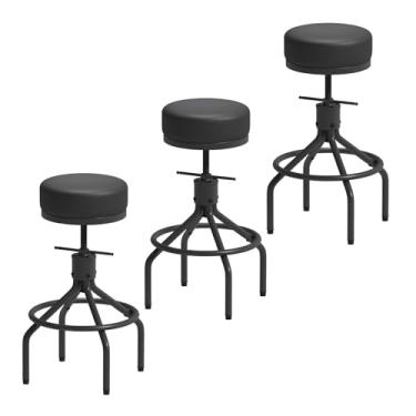 Imagem de CHIDOCHILO Conjunto de 3 banquetas de bar industriais ajustáveis giratórias modernas de couro PU 71 cm, redondo, costas nuas, banco de cozinha, banco de metal, para ilha de cozinha (D017-preto-3)