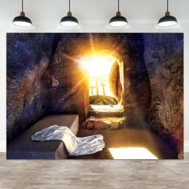 Imagem de ASDCXZ 3 x 2 m, pano de fundo com cruz de túmulo de Jesus, fundo fotográfico, crucificação sagrada, mortalha, nascer do sol, faixa de Páscoa, decorações cristãs religiosas, igreja, evento, retrato de