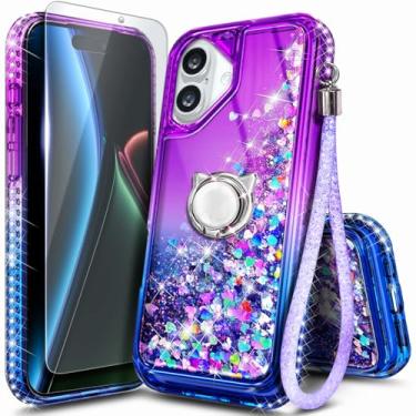Imagem de Capa NGB projetada para iPhone 17, roxa/azul | Capa de telefone fofa com glitter líquido brilhante para mulheres e crianças | com protetor de tela de vidro temperado, suporte de anel e cordão de pulso