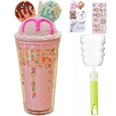 Imagem de windyswag Copos de viagem de orelha de biscoito com canudos, sorriso, donut, gelo, bebidas, garrafa de água, caneca de café infantil brilhante, copo de plástico reutilizável, presente de aniversário