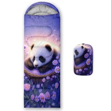 Imagem de AILONEN Saco de dormir fofo com estampa de panda para crianças, meninas, clima quente e frio, leve, impermeável, saco de dormir com flores roxas sonhadoras para viagens e atividades ao ar livre