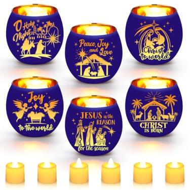 Imagem de VIHOSE Conjunto de 6 castiçais votivos do advento de Natal presépio luz de chá de vidro azul com velas LED operadas por bateria de mesa de Natal peça central para decoração de igreja em casa