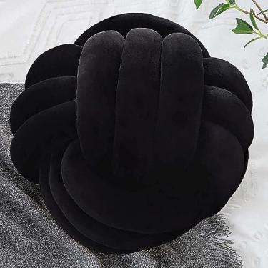 Imagem de Jemsia Almofada de nó, almofada redonda de bola de nó macio decorativa feita à mão para carro, cama, sofá, poltronas, sala de estar, almofadas de decoração de fotografia, adereços pretos, 27 cm