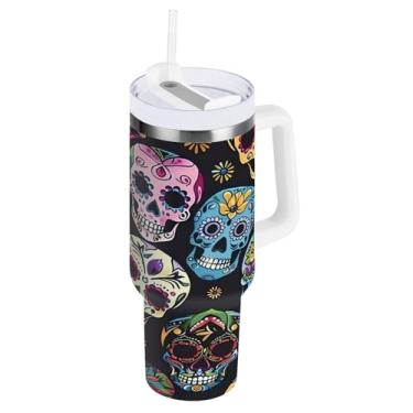 Imagem de STAYTOP Lindo copo de caveira de açúcar de 1,134 g com tampa e canudo, copo isolado de aço inoxidável durável à prova de vazamento com alça, garrafas de água à prova de derramamento para viagens