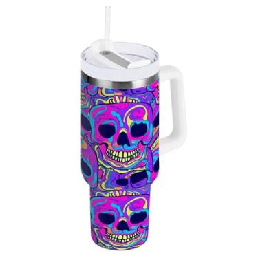 Imagem de Kigai Copo de 850 g com alça, copos isolados de caveira legal com tampa e canudo, garrafa de água esportiva grande de metal, caneca de café de viagem de aço inoxidável