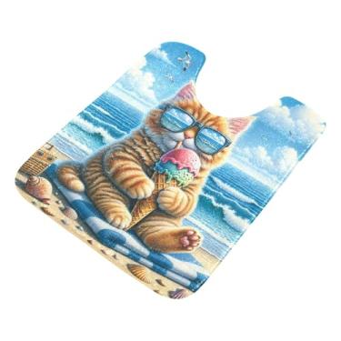 Imagem de Burbuja Tapete de banheiro Cat on Beach, tapete de banho absorvente de pelúcia macio, base antiderrapante para piso de banheiro, oval em forma de U
