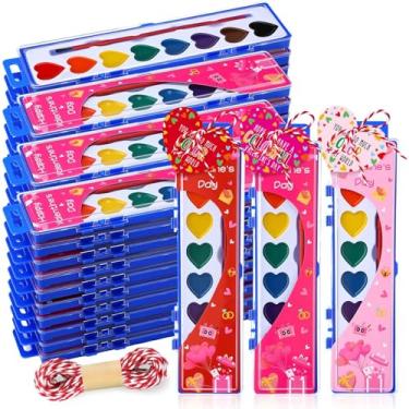 Imagem de AmazingSpark 24 Pcs Valentine's Day Watercolors Paint Set for Adults Kids 8 Washable Colors with a Heart Card Paintbrush for School Classes Birthday Art Activities Sketching Gift (8 Colors Heart)