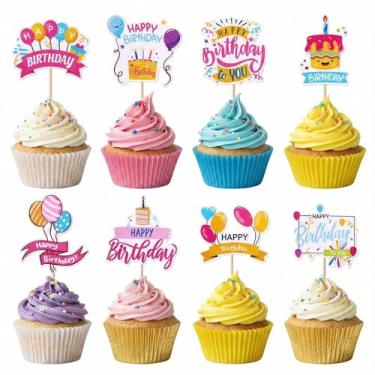 Imagem de Pacote com 40 topos de cupcake de feliz aniversário, enfeites de bolo de aniversário coloridos, palhetas divertidas de cupcake para chá de bebê, decoração de festa de dia, decoração de bolo e cupcake