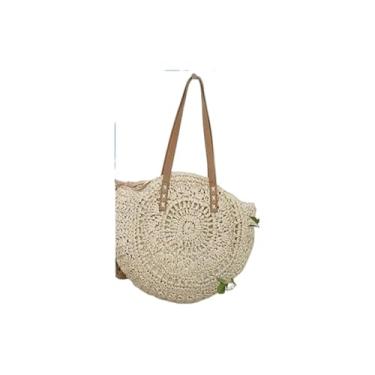 Imagem de Bolsa De Praia Redonda De Palha – Bolsa De Ombro Feminina, Adequada Para Praias E Passeios(XV-012 Bege)