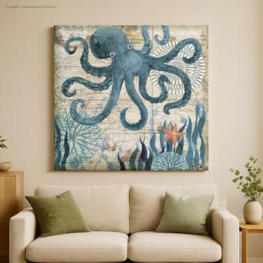 Imagem de quadro decorativo oceanico arte em tela polvo azul estrela do mar estilo nautico vintage mapa maritimo decoracao parede sala de estar oceano marinho aquarela coastal ocean map nautical decor marine style quadro polvo vintage 30X30