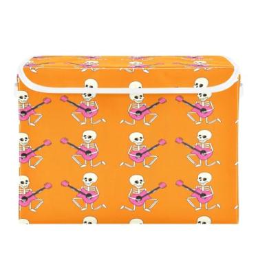 Imagem de WELLDAY Caixa de armazenamento de esqueletos de desenho animado com tampas, bancos maiores dobráveis de armazenamento de tecido com alças para sala de estar, sala de jogos, quarto, berçário 40 x 32 x