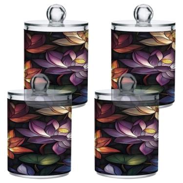 Imagem de STAYTOP 2 peças de flores de lótus coloridas dispensador de boticário Qtip frascos de banheiro com etiquetas - recipiente de armazenamento Qtip de plástico transparente acrílico para bola de algodão