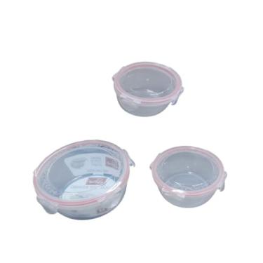 Imagem de Conjunto 3 Potes Herméticos Redondos Multiuso com Tampa, Plástico, Transparente com Detalhe Rosa, 320ml/580ml/1000ml, Livre de BPA, Empilháveis