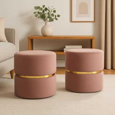 Imagem de Puff Redondo Estofado Luxo para Sala e Escritório – Banqueta Decorativa Multiuso para Provador Quarto ou Recepção – Unidade ou Kit (Kit 2 Veludo Rose)