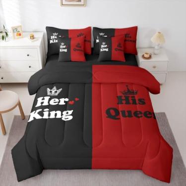 Imagem de Erosebridal Conjunto de edredom de 7 peças King e Queen preto vermelho para Dia dos Namorados | Mr Mrs His Her Crown Romantic Bed in A Bag, conjunto de cama de casal masculino e feminino