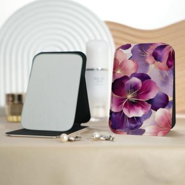 Imagem de Espelho de maquiagem portátil série de flores frescas de pintura a óleo, mini espelho de maquiagem portátil dobrável, espelho de contorno quadrado portátil com flip vertical, adequado para todos em
