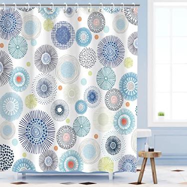 Imagem de RosieLily Cortina de chuveiro colorida, conjunto de cortinas de chuveiro azuis com 12 ganchos, cortina de chuveiro geométrica, decoração de banheiro de fogos de artifício círculo de bolinhas, 182 x