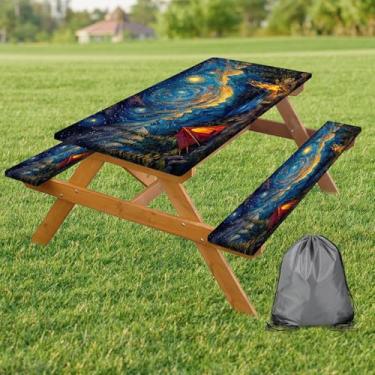 Imagem de Capa de mesa de piquenique com bordas elásticas, capa de mesa de acampamento noturna estrelada azul, à prova d'água, à prova de vento, para acampamento, pátio, quintal, reuniões, bolsa com cordão, 182