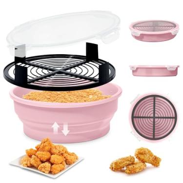 Imagem de FJNATINH Tigela de massa dobrável – Melhor coqueteleira sem bagunça com tampa – Ótimo para peixe frito, frango frito, anéis de cebola, asas e mais, sem vazamento, fácil de armazenar, rosa