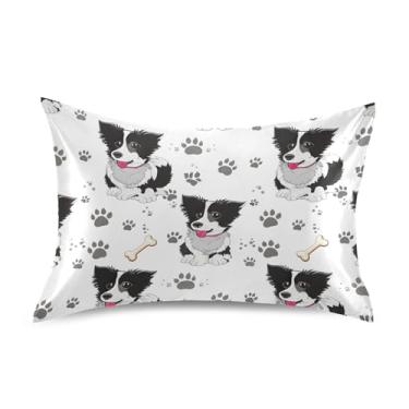Imagem de Capas de almofadas pretas brancas para cães poses de pata cetim legal resfriamento padrão King Queen capas de travesseiro decoração de cama tamanho padrão 66 cm x 50 cm