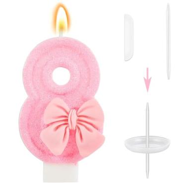 Imagem de Número 8 velas de aniversário com laço rosa, velas com números temáticos fofos, enfeite de bolo de vela, decorações de cupcake, decoração de festa para meninas e mulheres, suprimentos para