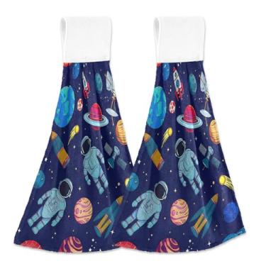 Imagem de Toalhas de mão personalizadas de astronauta de planetas espaciais de outono com laço para pendurar toalhas de chá de forno conjunto de 2 toalhas de cozinha macias absorventes para decoração de casa