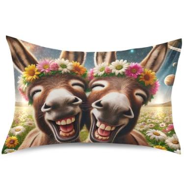 Imagem de Cute Donkey Capas de almofada de cetim com animais engraçados para resfriamento de cabelo, padrão King Queen, decoração de cama de casa, tamanho padrão, 66 x 50 cm