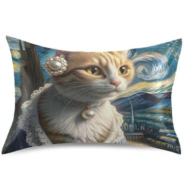 Imagem de Funny Cat Starry Night Kitten Satin Pillow Case King Queen Standard Pillow Slip Luxury Cooling Pillow Sham Bed Pillows, King Size, 101,6 cm x 50,8 cm
