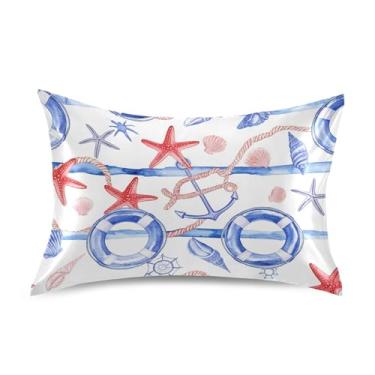 Imagem de Fronhas de cetim azul estrela-do-mar vermelho náutico floral resfriamento padrão Queen King fronhas arte fofa capas de travesseiro conforto Queen Size 76.2 cm x 50.8 cm