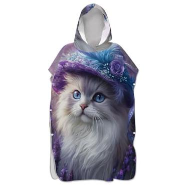 Imagem de Roupão de mudança de poncho de surfe para toalha de banho com capuz de praia plus size chique gato roxo poncho masculino com capuz